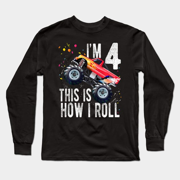 Kids Year Old 4th Birthday Boy Monster Truck Car T Long Sleeve T-Shirt by Cristian Torres